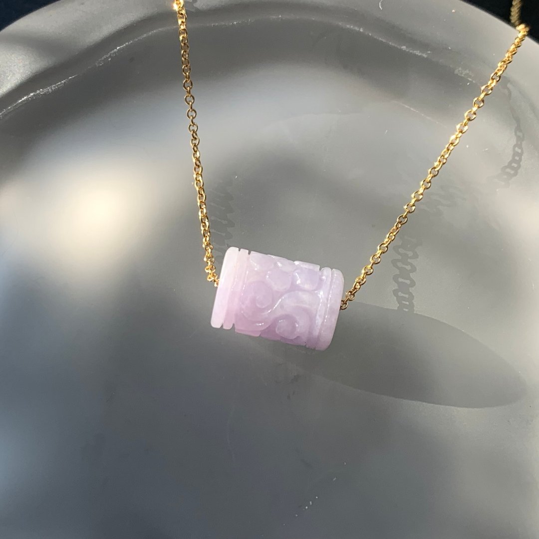天然缅甸玉翡翠 紫罗兰翡翠 雕花桶珠 14kgf 项链 路路通 - 锁骨链 - 玉石 紫色