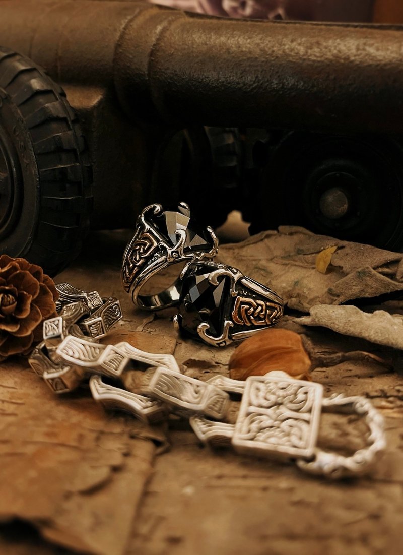 【凯尔特系列】凯尔特契印/黑耀石/银 - 戒指 - 纯银 银色