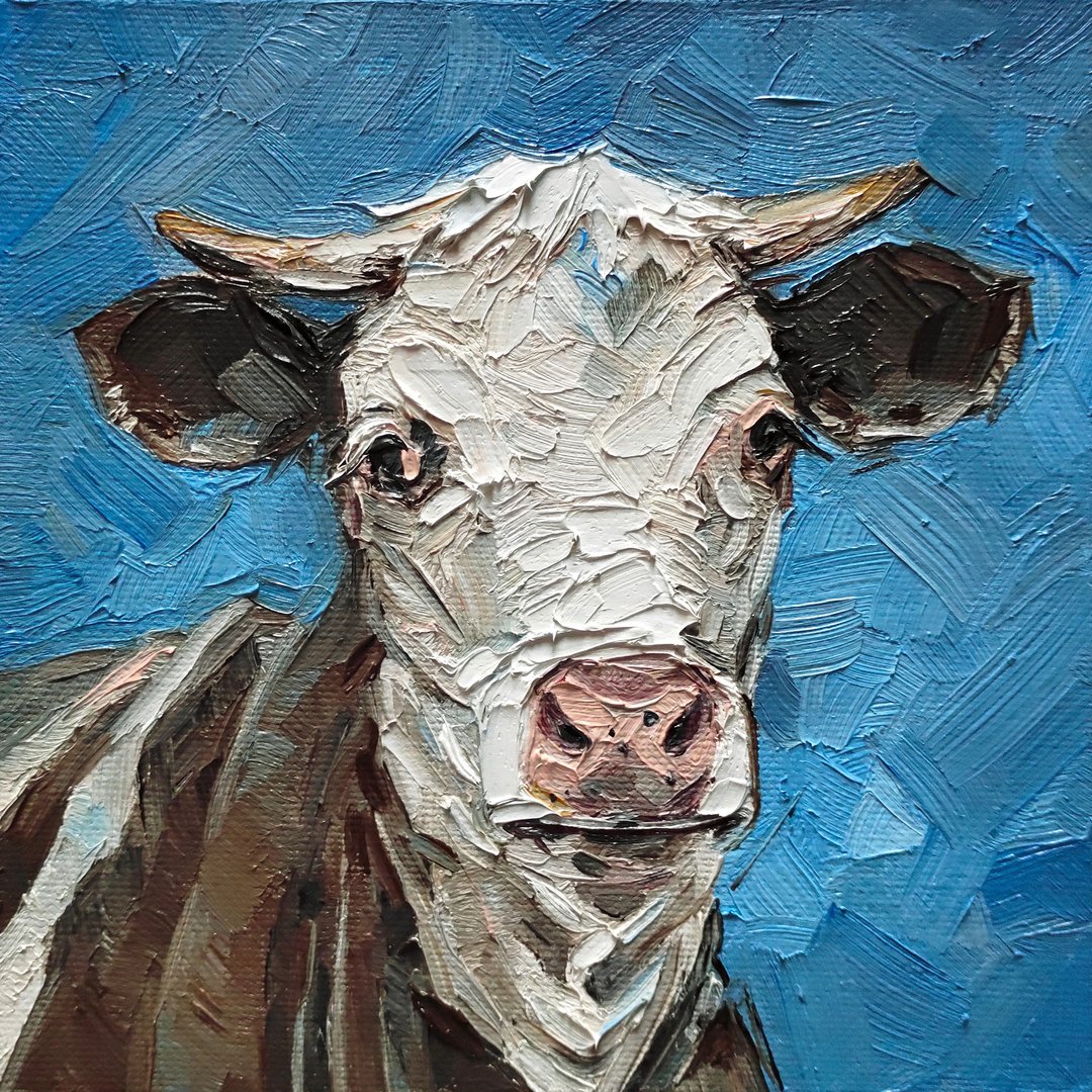 Cow painting farm animal original art animal artwork oil painting farm wall art - 海报/装饰画/版画 - 其他材质 蓝色