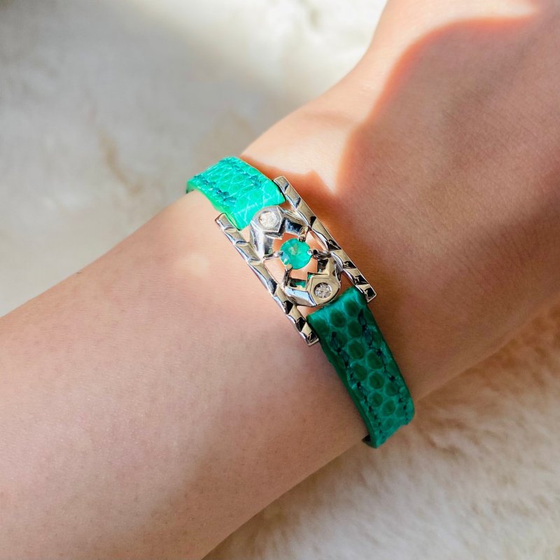 M-Leather Emblem SV 祖母绿与钻石 - 手链/手环 - 宝石 绿色