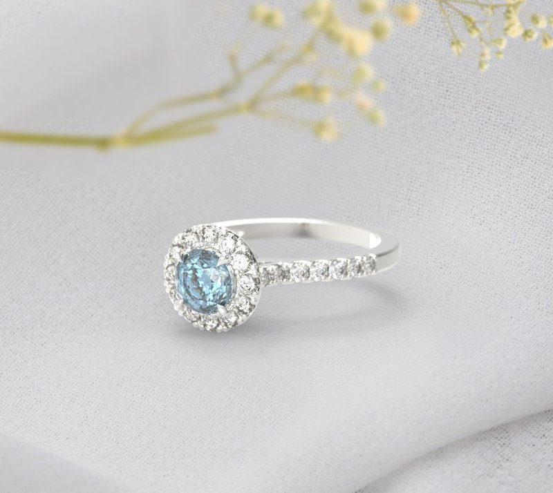 Aquamarine Ocean Blue Round Cut  Promise Ring, 925 Sterling Silver Vintage ring - 戒指 - 其他金属 咖啡色