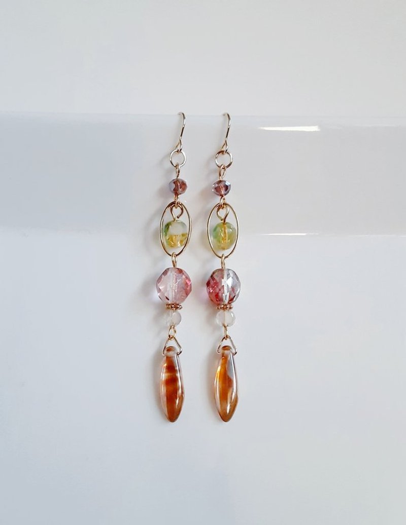 时尚长耳针，捷克珠和椭圆形圈，紫棕，耳环，天然产品，成熟的外观，防过敏耳针或耳夹可换。 - 耳环/耳夹 - 玻璃 多色