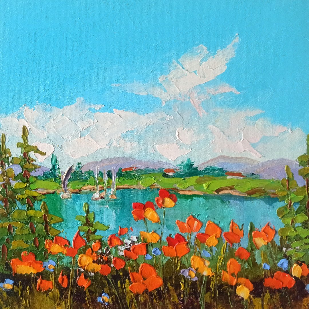 罂粟花风景油画，画布板，25x25厘米，厚涂画作 - 海报/装饰画/版画 - 其他材质 多色