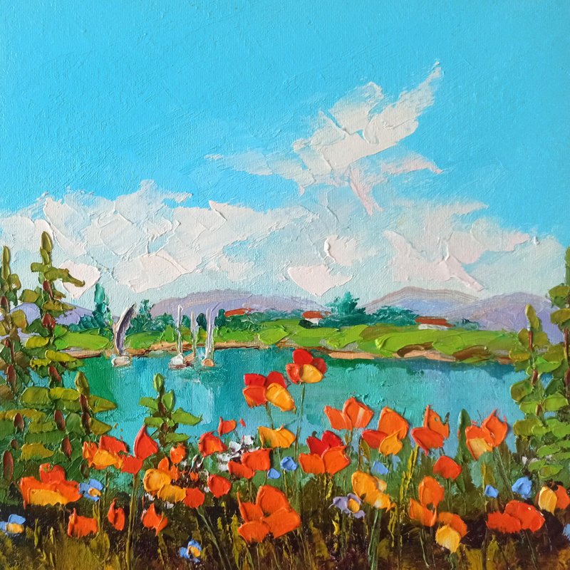 罂粟花风景油画，画布板，25x25厘米，厚涂画作 - 海报/装饰画/版画 - 其他材质 多色