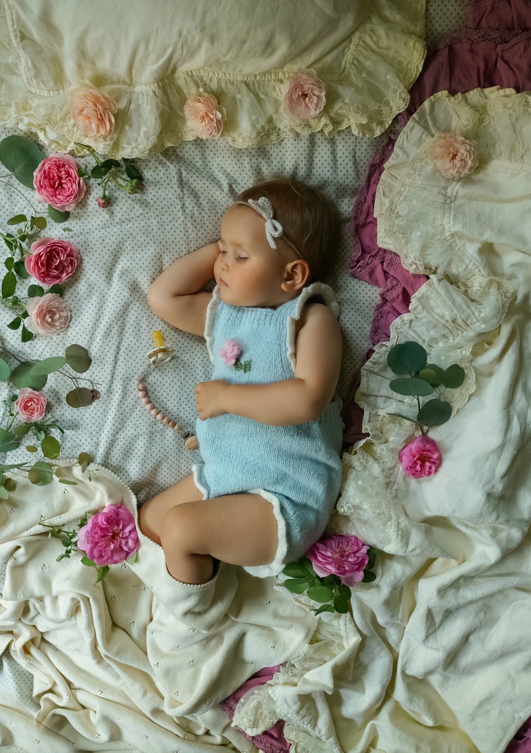 Roses Romper, hand knitting baby romper, organic, alpaca, rose - 包屁衣/连体衣 - 羊毛 蓝色