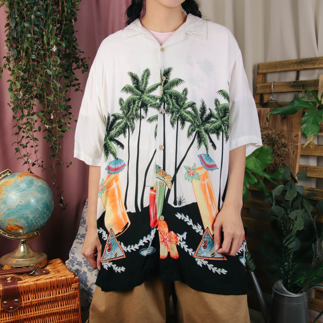 夏威夷衫C03 白色 花衬衫 印花 夏季 上衣【Tsubasa.Y 古着屋】 - 女装衬衫 - 其他材质 白色