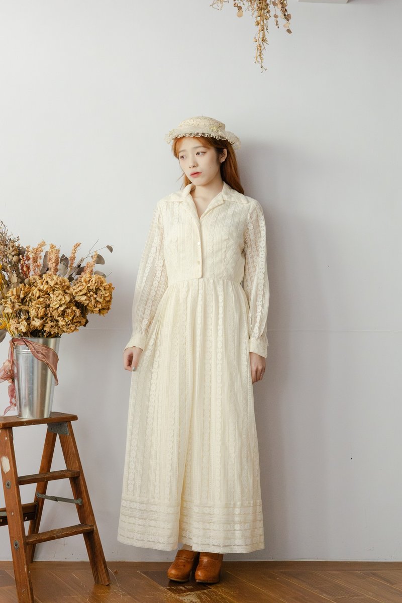 袅袅百货公司-Vintage 美国古董全蕾丝翻领设计长袖洋装 - 洋装/连衣裙 - 聚酯纤维 