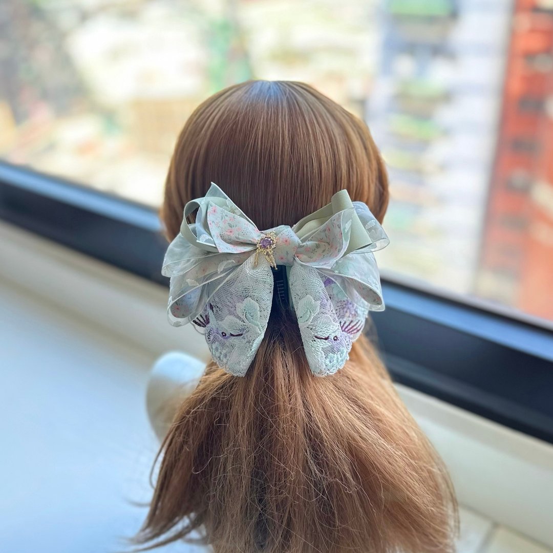 印花纱蕾丝蝴蝶结相交夹香蕉夹仙女夹发夹-浅绿+浅紫色 - 发饰 - 其他材质 绿色