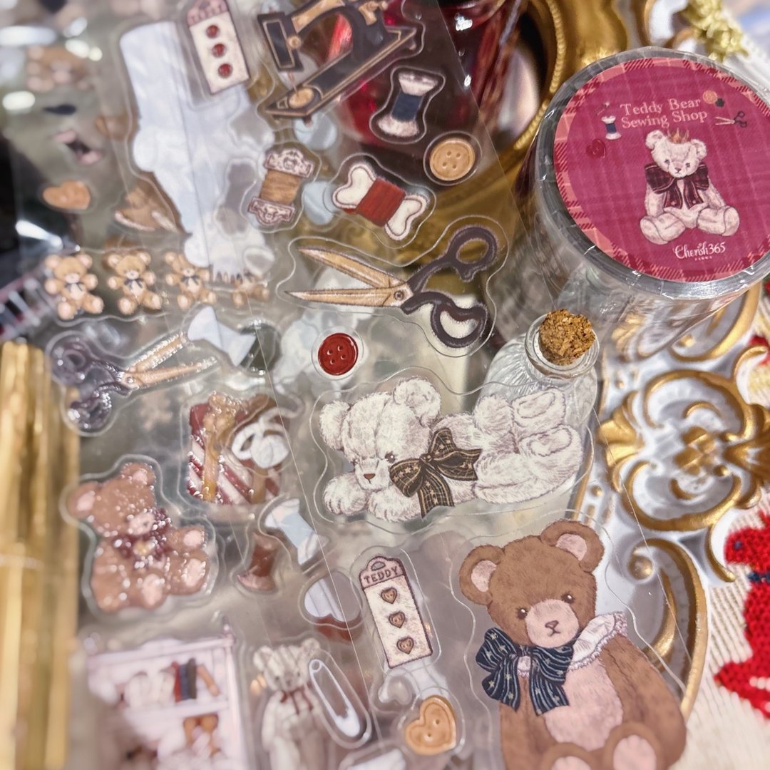Cherish365【泰迪熊缝纫店】轧型 水晶油墨 白墨 PET 胶带 CHO492 - 纸胶带 - 防水材质 咖啡色