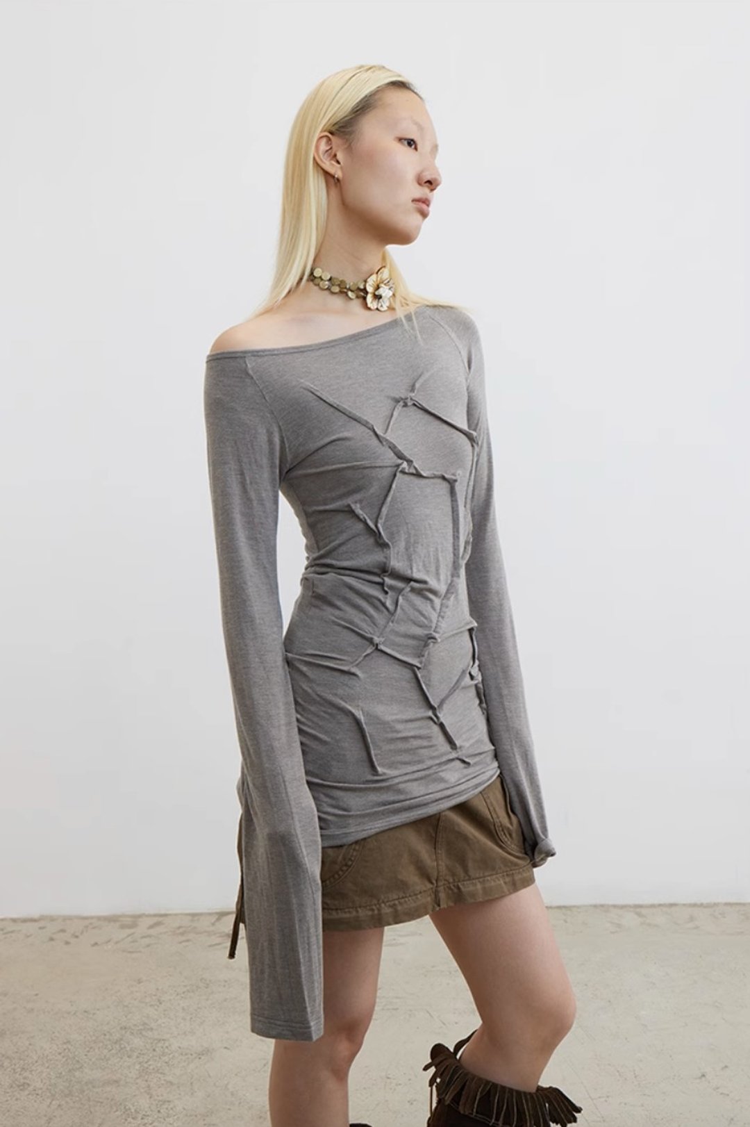 Cobweb Cardigan 蛛网褶皱宽领修身喇叭袖打底针织衫 - 女装上衣 - 棉．麻 灰色