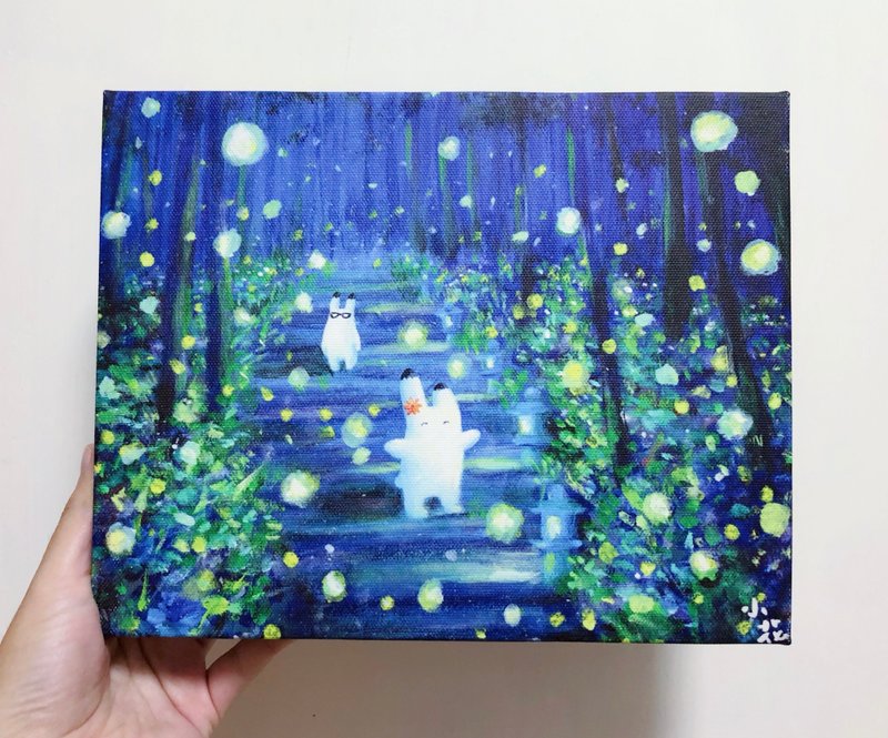 日系小兔子萤火虫插画复制画油画布连木框 - 海报/装饰画/版画 - 颜料 蓝色