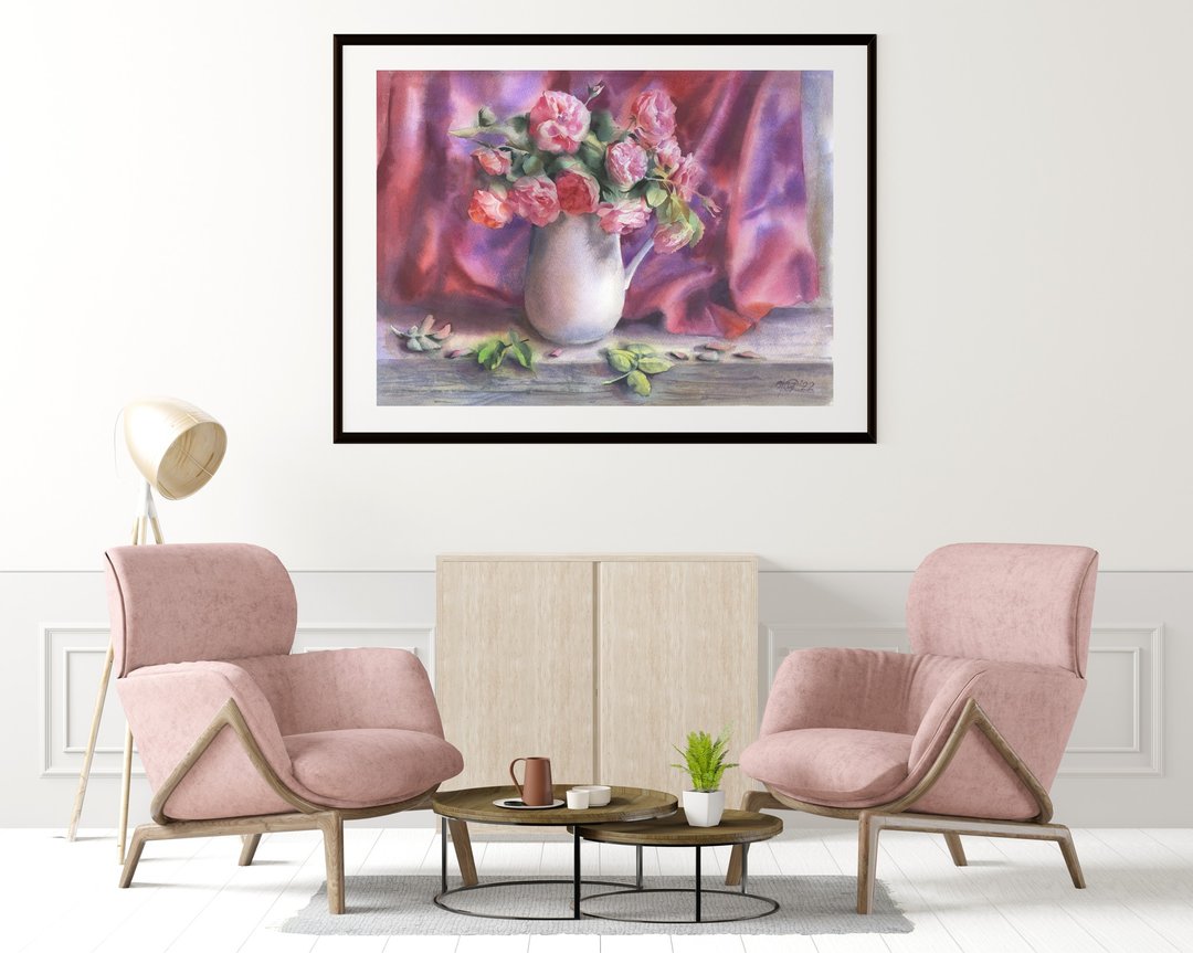 Roses wall art original watercolor poster by artist Irina Zhunaeva - 海报/装饰画/版画 - 纸 多色