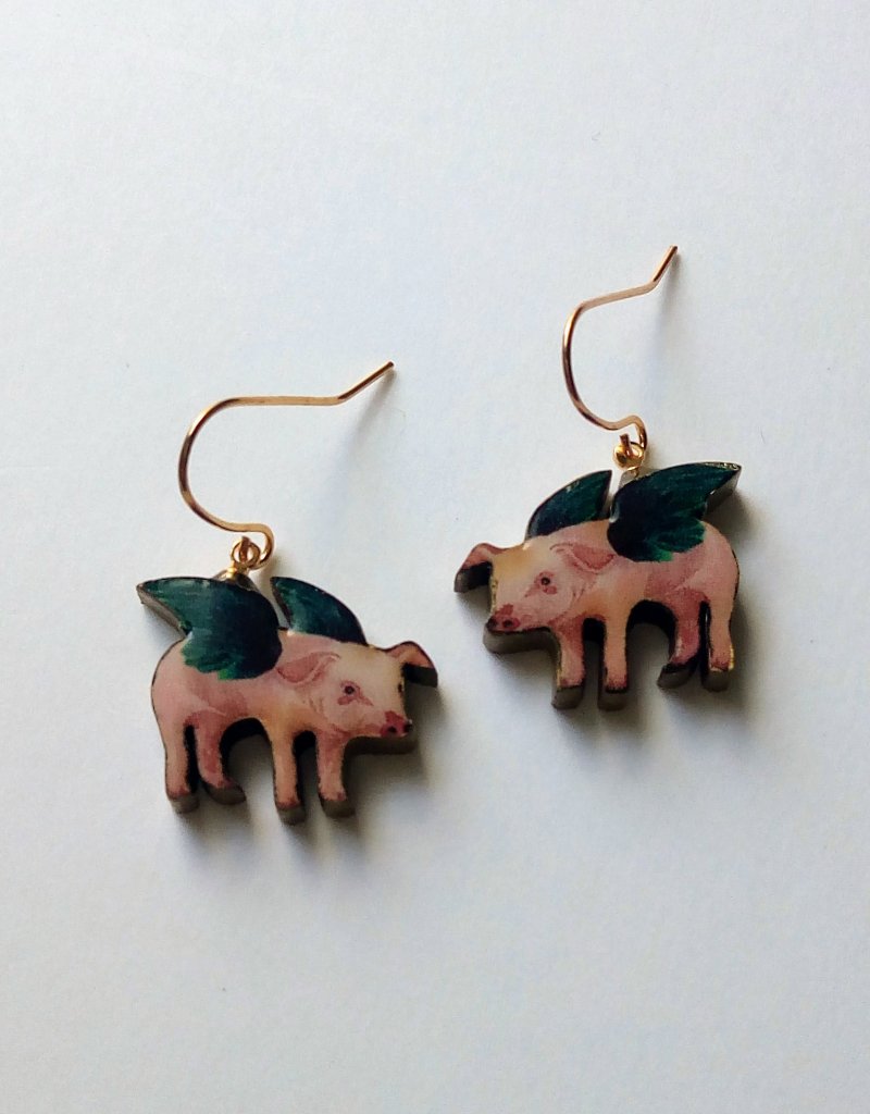 Flying piglet earrings - 耳环/耳夹 - 木头 粉红色