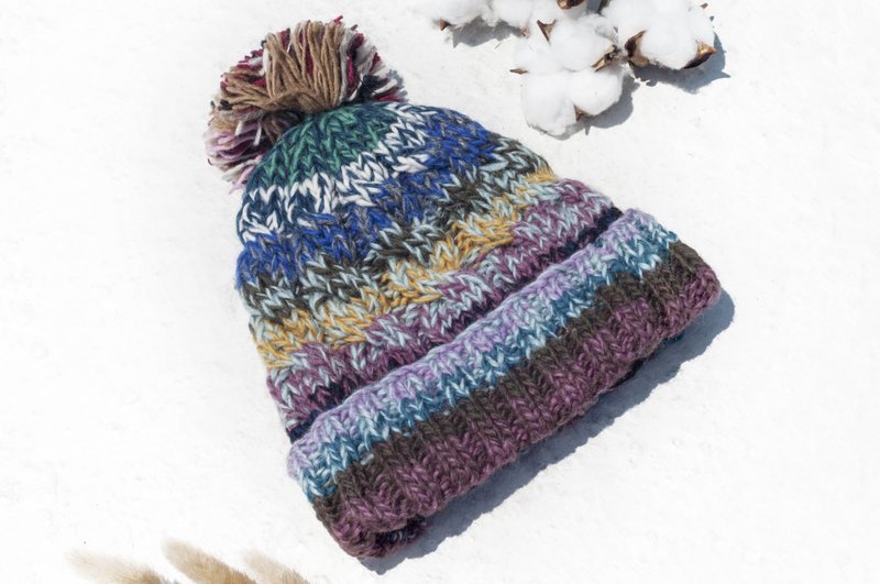 手工编织纯羊毛帽/编织帽/针织毛帽/内刷毛手织毛帽-北欧葡萄蛋糕 - 帽子 - 羊毛 多色