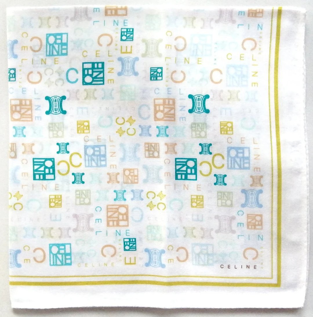 Celine 古董手帕 - 粉彩色调多彩 Logo 印花 19.5 x 19.5 英寸 - 丝巾 - 棉 白色