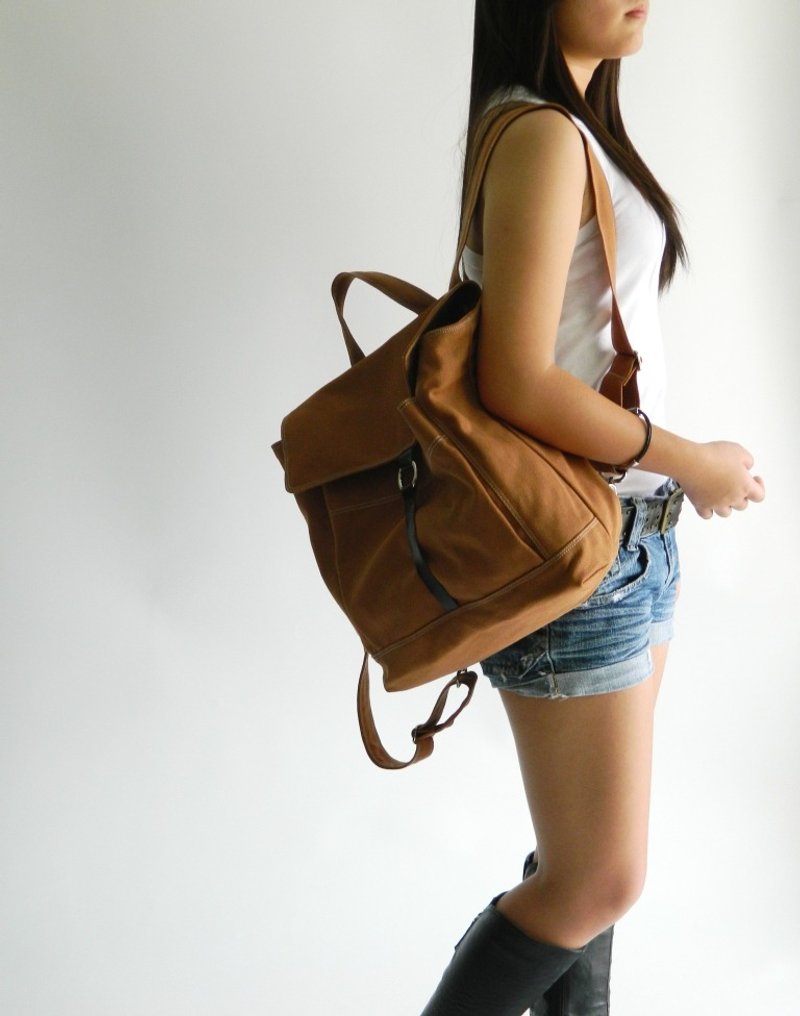 后背包 皮革背包 旅行背包 笔电包 妈妈包 -no:102 Tanya焦糖色 - 后背包/双肩包 - 棉．麻 咖啡色