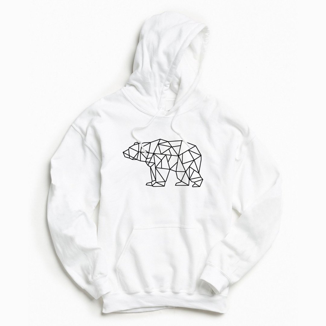 Bear Geometric 前面图案 长袖帽T 刷毛 中性版 白色 几何 熊 - 中性连帽卫衣/T 恤 - 棉 白色