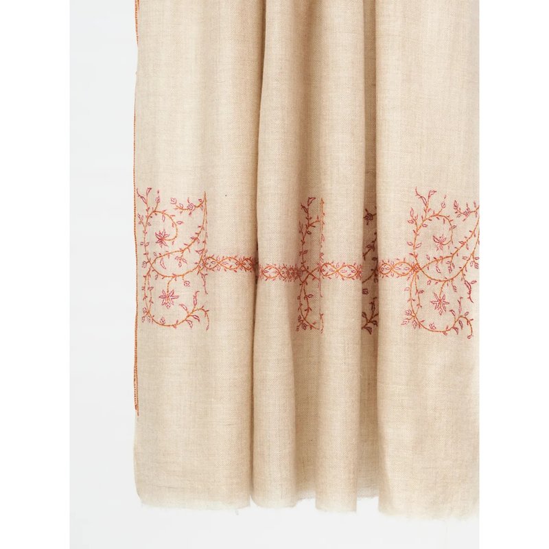 羊绒米白原色橘色花丛手工刺绣/克什米尔手工披肩100% Pashmina - 围巾/披肩 - 羊毛 卡其色