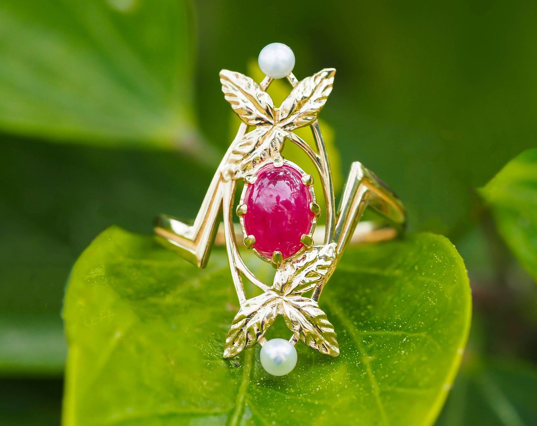 14k gold ring with ruby and pearls - 戒指 - 贵金属 金色