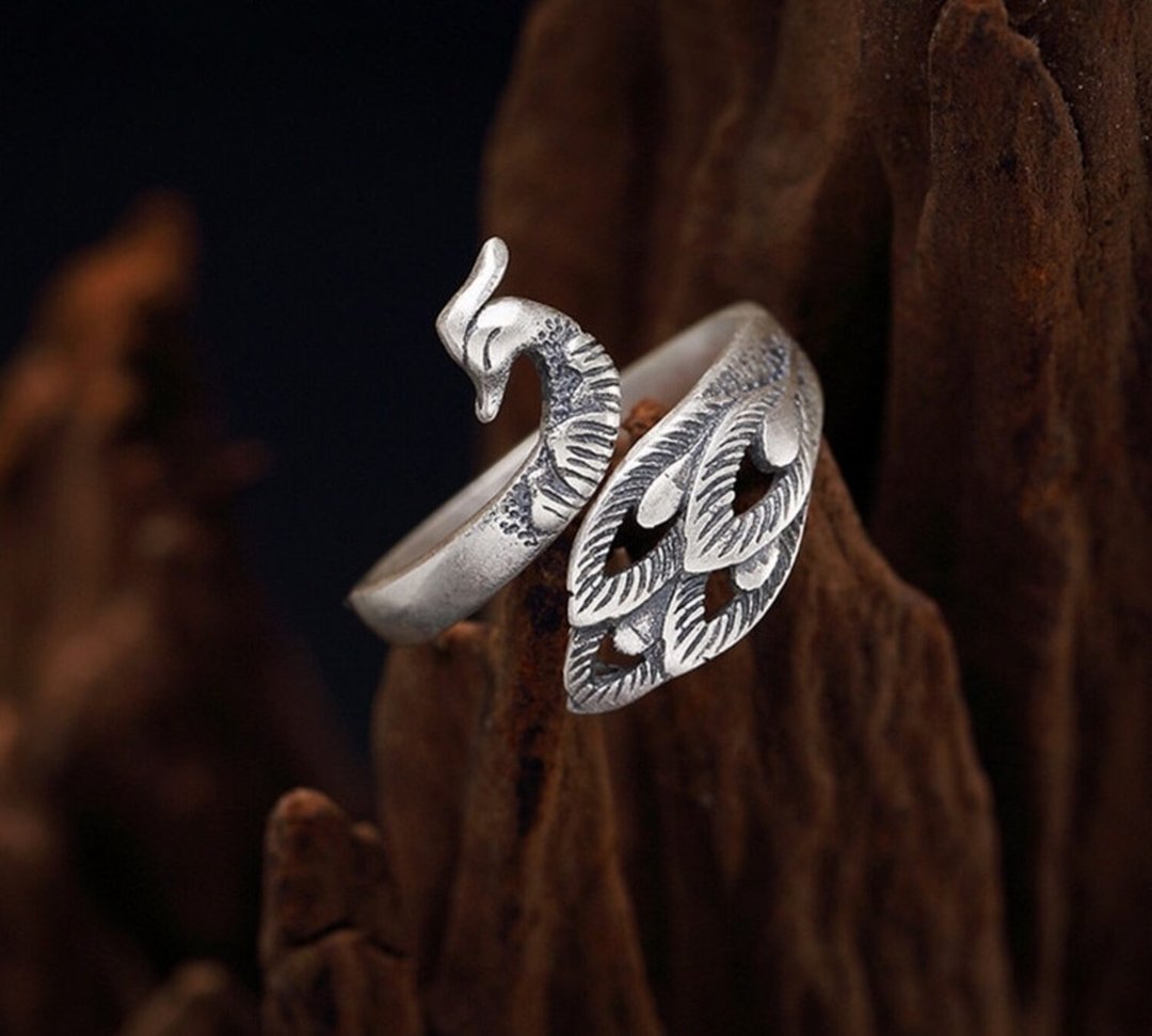 Real S 990 Fine Silver Jewelry Opening Handmade Engraved Peacock Rings Women - 戒指 - 银 银色