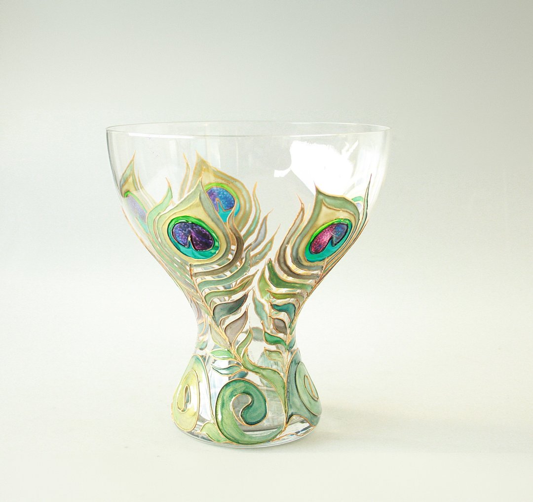 Peacock Glass Vase, Hand-Painted - 摆饰 - 玻璃 多色