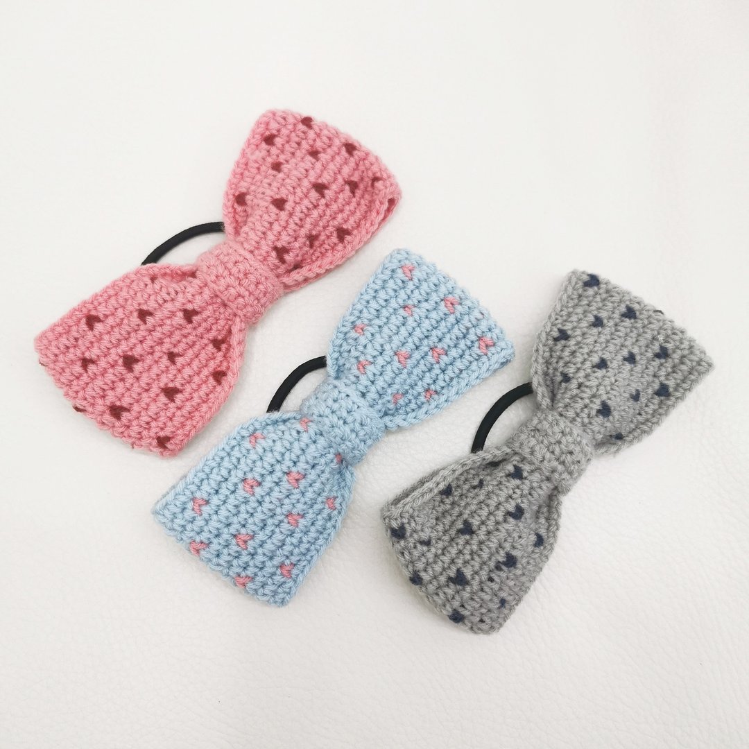 Mini Heart Crochet Yarn Bow Hair Tie - 发饰 - 其他材质 