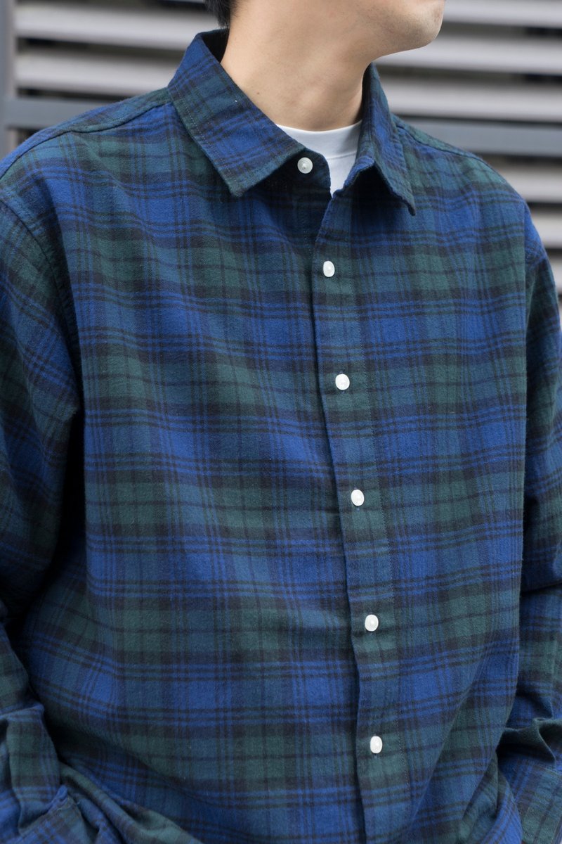 SHIRT 日系潮流藍綠色寬鬆休閒格子長袖襯衫 Vintage Cityboy - 男装衬衫 - 棉．麻 蓝色