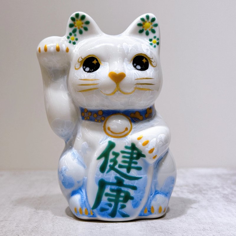 【翠耳福猫】日本清水烧招财猫 | 花结晶 青白 健康 右 特小 - 摆饰 - 瓷 白色