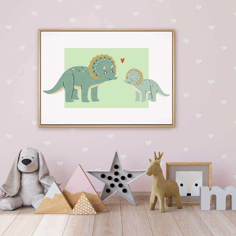 温馨相望-疗愈恐龙挂画/送礼小物/儿童房装饰画/可爱礼物推荐 - 海报/装饰画/版画 - 棉．麻 绿色