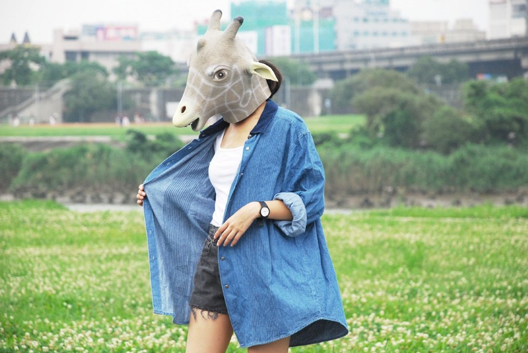 {:::Giraffe 长颈鹿人:::}_拼接胸前打折古着牛仔衬衫 - 女装衬衫 - 棉 蓝色