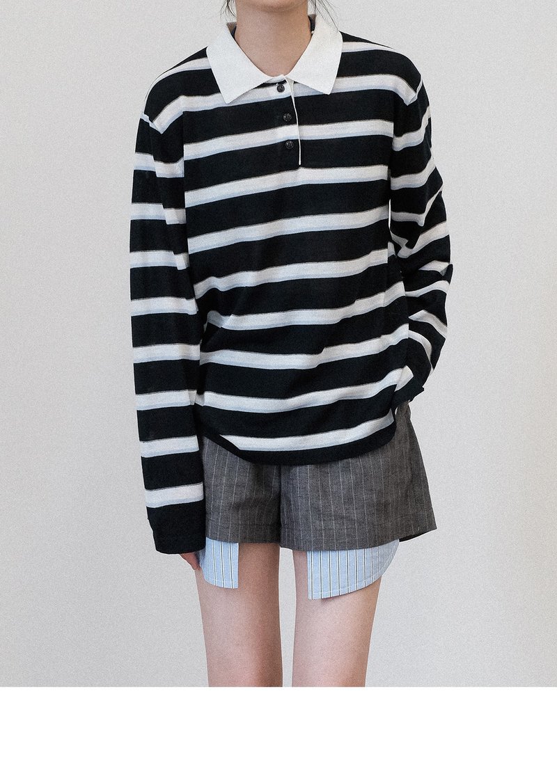 撞色条纹polo领长袖T恤针织衫 - 女装上衣 - 棉．麻 