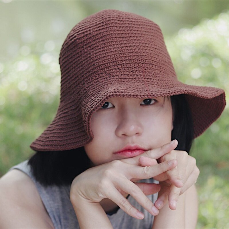 Summer redcheeks crochet hat cap - Brown Color - 帽子 - 棉．麻 咖啡色