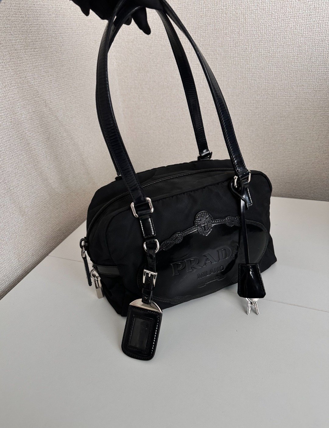 中古包 Prada普拉达 Tessuto 压花标志 银扣 尼龙拼皮 黑色肩背包 - 手提包/手提袋 - 尼龙 黑色