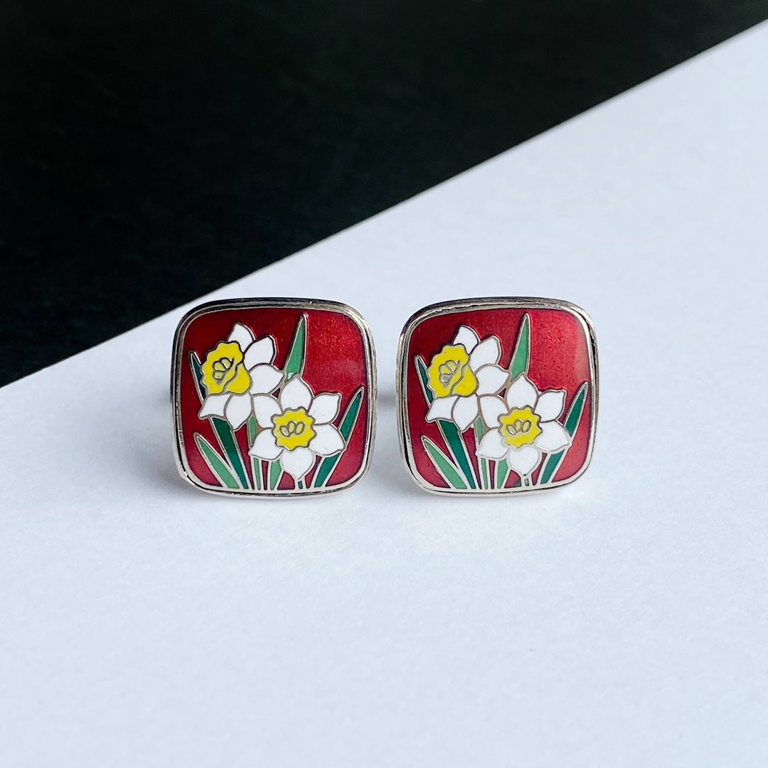 Daffodil [Red Red] Cloisonne Cufflinks Cufflinks Red Copper Metal Cloisonne - 袖扣 - 其他材质 红色