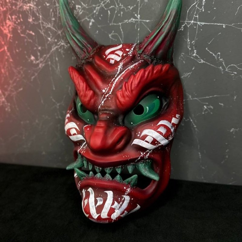 附书法的生剥鬼面具、日本鬼面具、红色日本鬼怪面具 - 口罩 - 树脂 红色