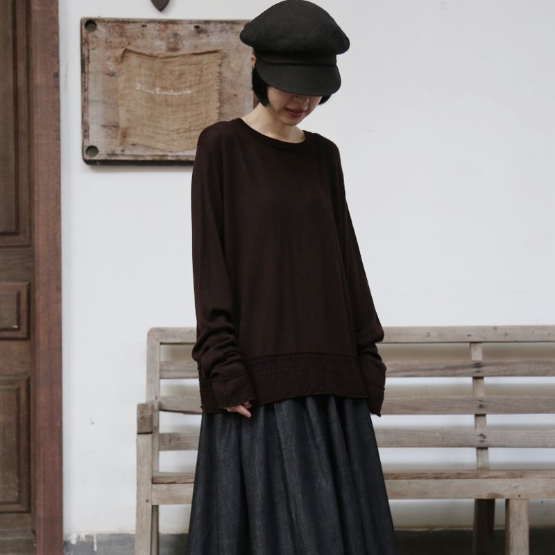 细节处闪耀着玩心针织上衣 羊毛混纺 蕾丝编织下摆针织 赭红色 251010-1 - 女装针织衫/毛衣 - 羊毛 咖啡色