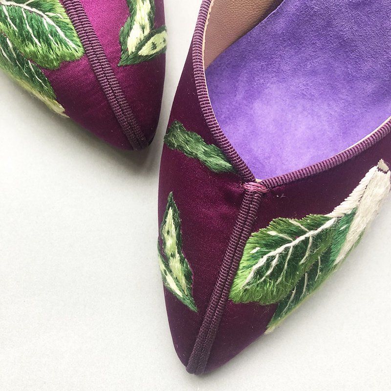 菜园雅低跟鞋无包跟/ 绣花鞋 细跟 优雅鞋身 刺绣 青菜 丝绸 手工 - 其他女款皮鞋 - 丝．绢 紫色