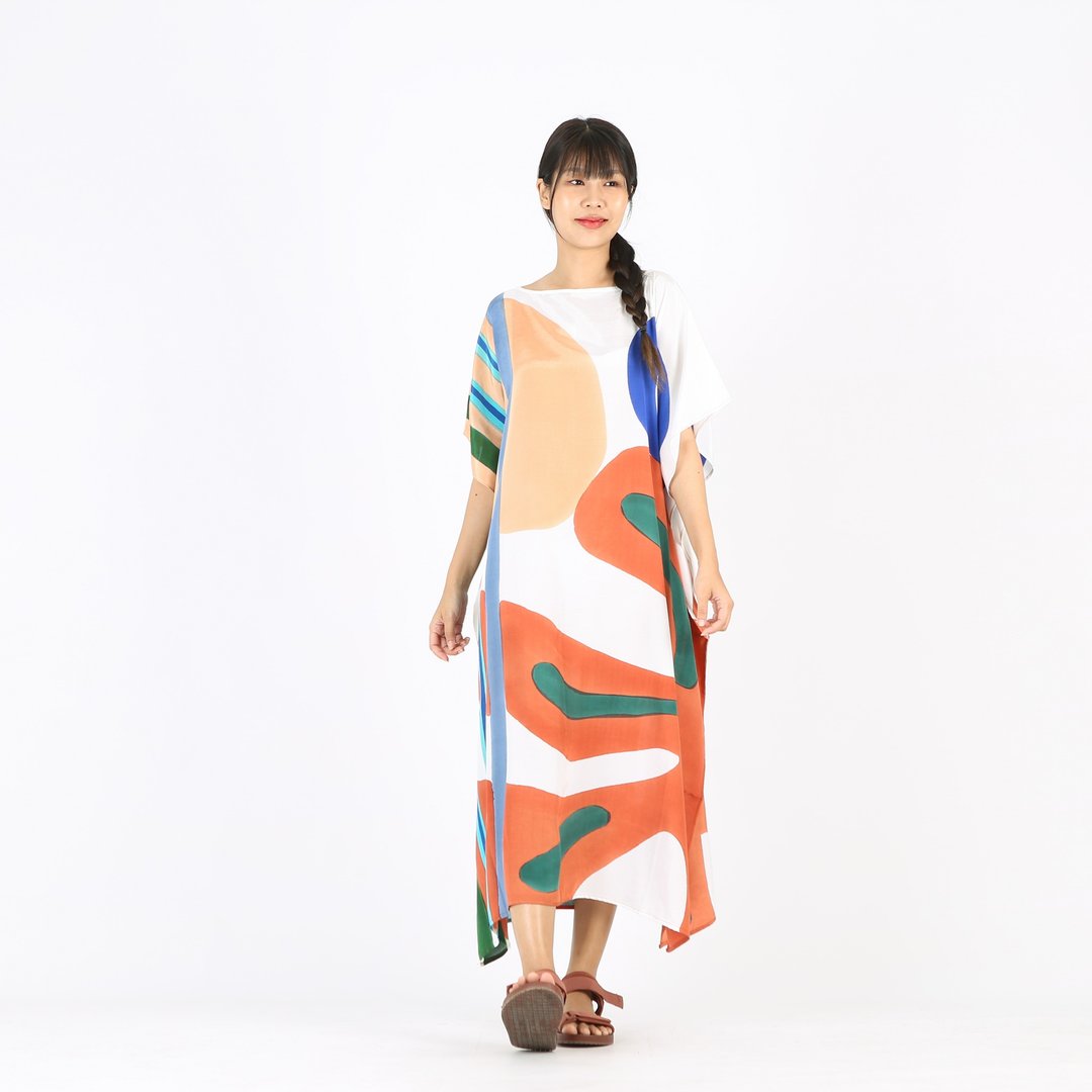 Hand Painted Cotton Silk Kaftan for Summer Resort Vacation - 洋装/连衣裙 - 棉 多色
