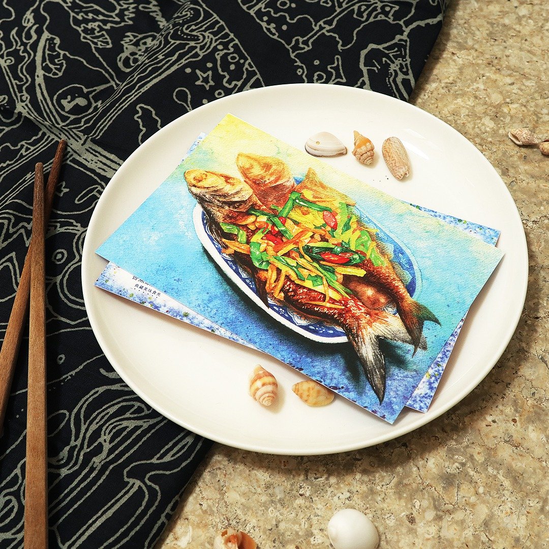 年年有余－美食明信片/食物明信片/美食卡片/食物卡片 - 卡片/明信片 - 纸 蓝色