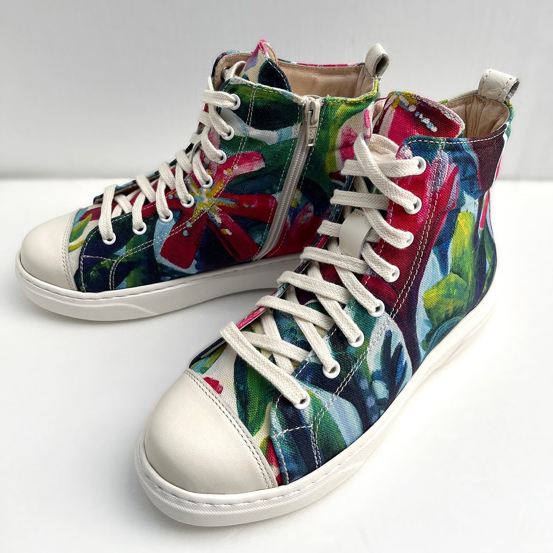 手工印花帆布鞋-花绘、彩蓝 - 女款休闲鞋 - 棉 多色
