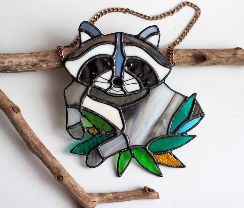 彩色玻璃 可爱的浣熊。 太阳捕手 - 墙贴/壁贴 - 玻璃 灰色