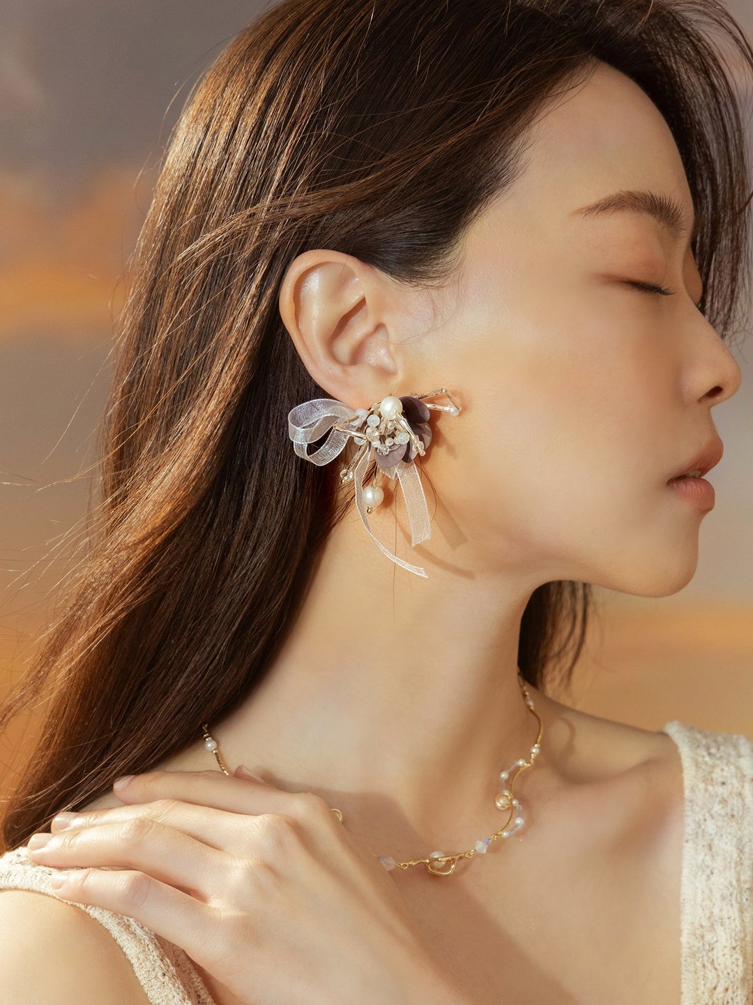 来一口圣代。(2way)MUCHAT手作14KG立体水晶珠花蝶结耳环 - 耳环/耳夹 - 其他金属 紫色