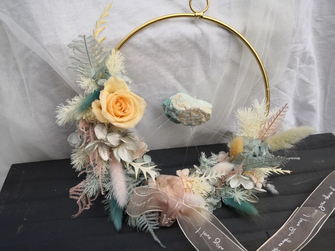 金属质感花圈 金属花圈 金色花圈 不凋花 永生花 干燥花 天河石 - 干燥花/捧花 - 植物．花 橘色