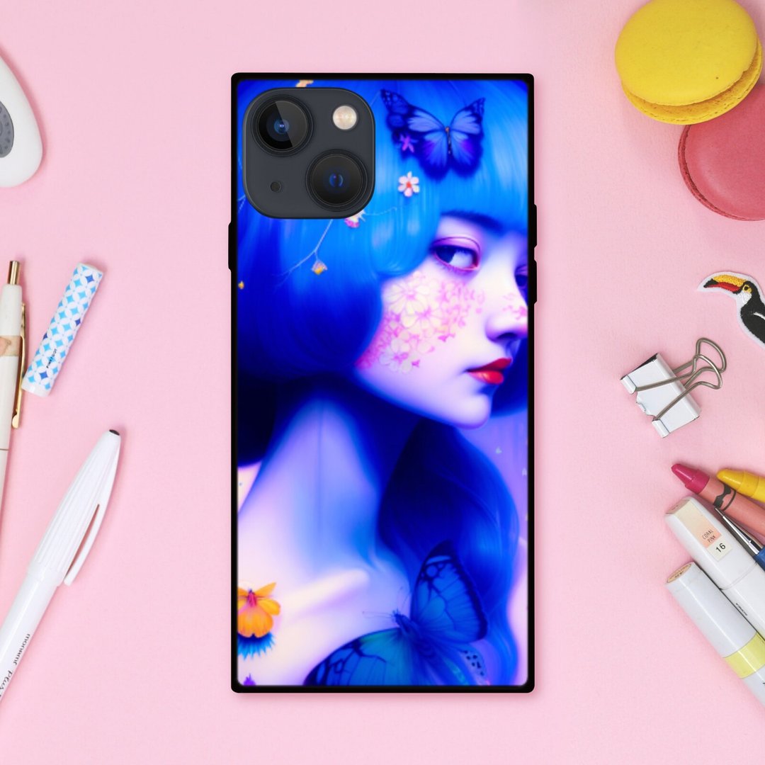幻想可爱齐浏海女孩与蝴蝶 方形手机壳【强化玻璃处理】iPhone16 适用 - 手机壳/手机套 - 塑料 多色