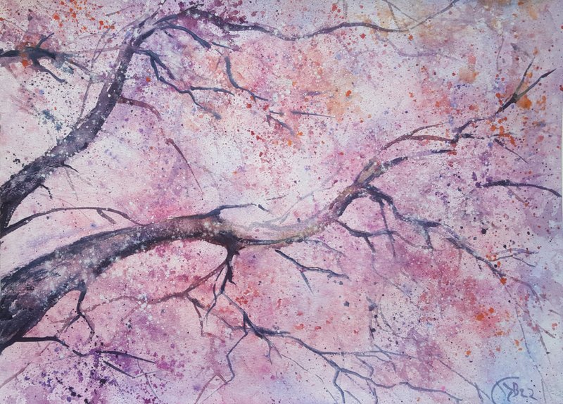 Sakura Original Watercolor Painting Blossom tree Original Art - 海报/装饰画/版画 - 纸 粉红色