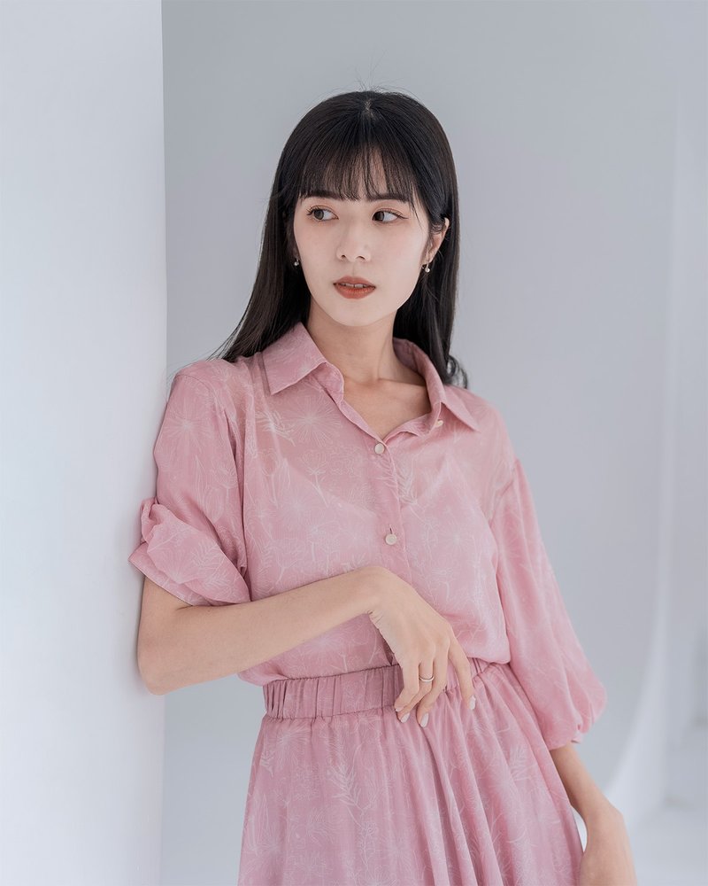 【日本千叶】透气凉爽 度假 宽松衬衫 灯笼七分袖 复古抚子色 - 女装衬衫 - 棉 粉红色