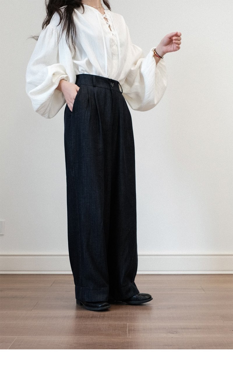 复古休闲高腰垂顺牛仔裤深蓝黑色宽直筒阔腿裤 - 女装长裤 - 棉．麻 