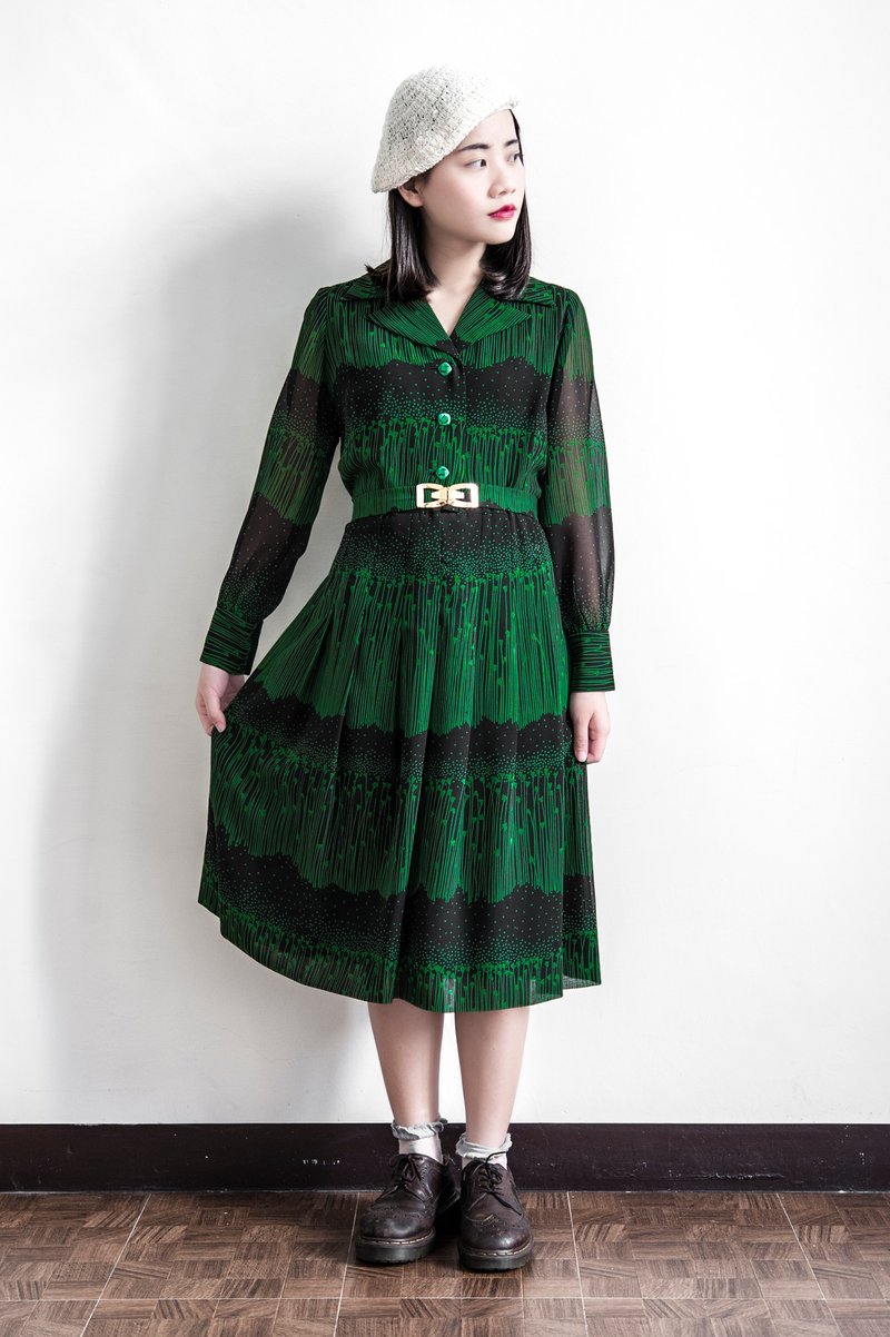 Vintage 黑绿长袖古着洋装 - 洋装/连衣裙 - 聚酯纤维 黑色