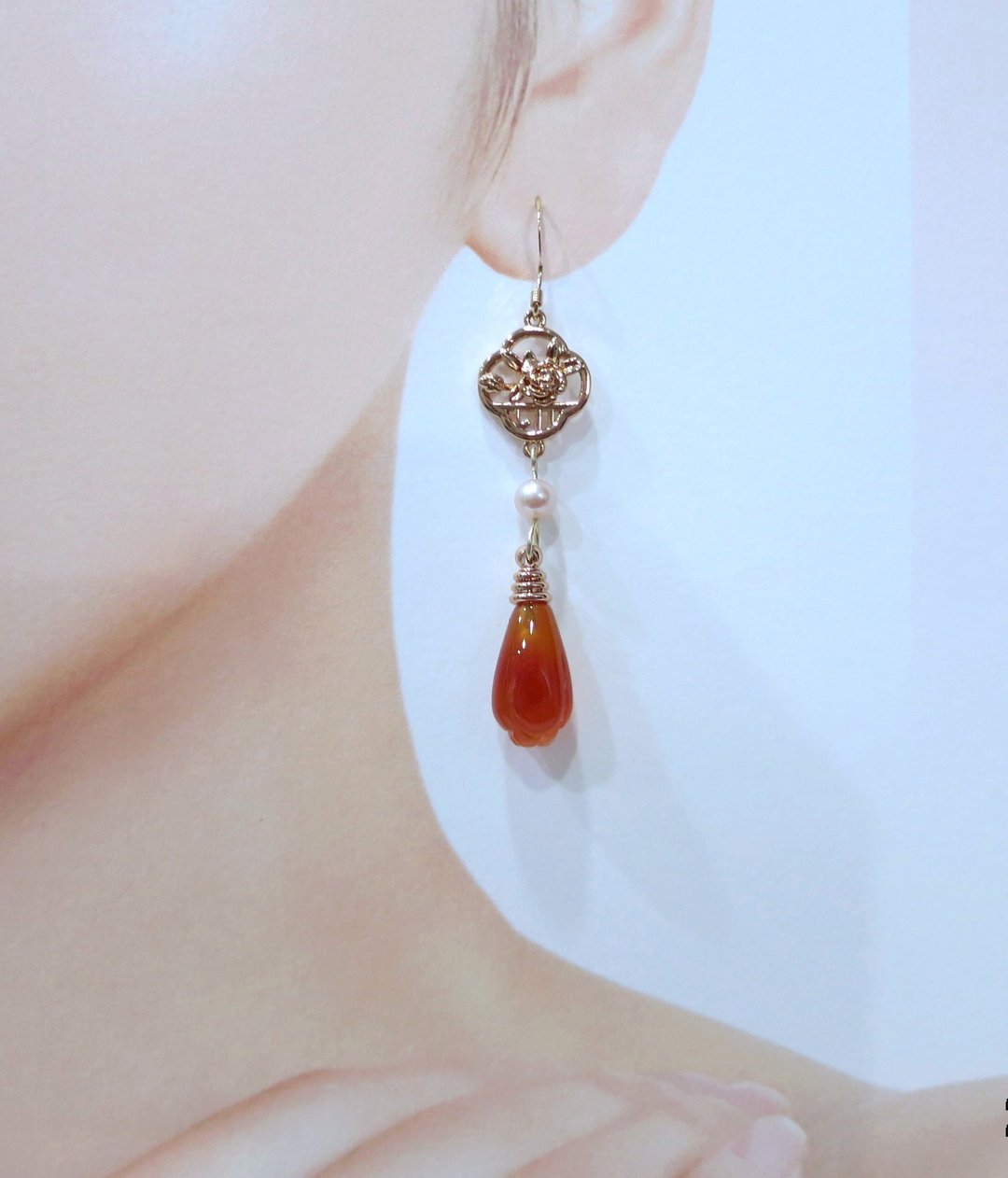 橘红玛瑙花苞耳环/美国 14K 包金防敏耳勾/可改耳夹 - 耳环/耳夹 - 玉石 红色