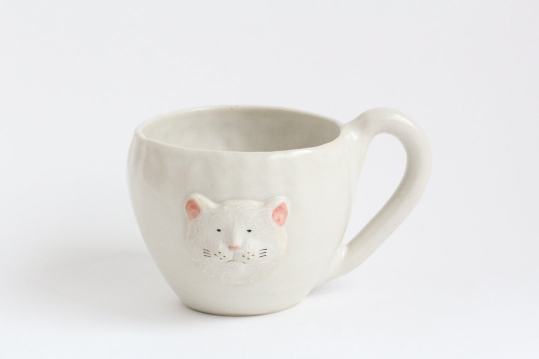 Animal Mug White Cat [Made-to-Order] - 咖啡杯/马克杯 - 陶 白色